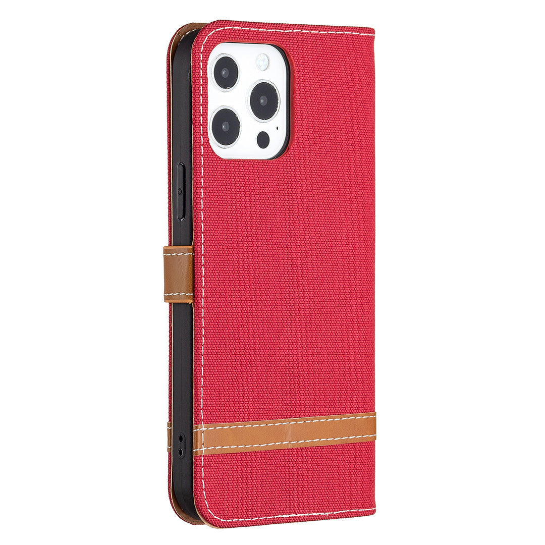 Color Splicing Jeans Cloth Coated PU Leather Phone Case Cover with Wallet Stand for iPhone 13 Pro