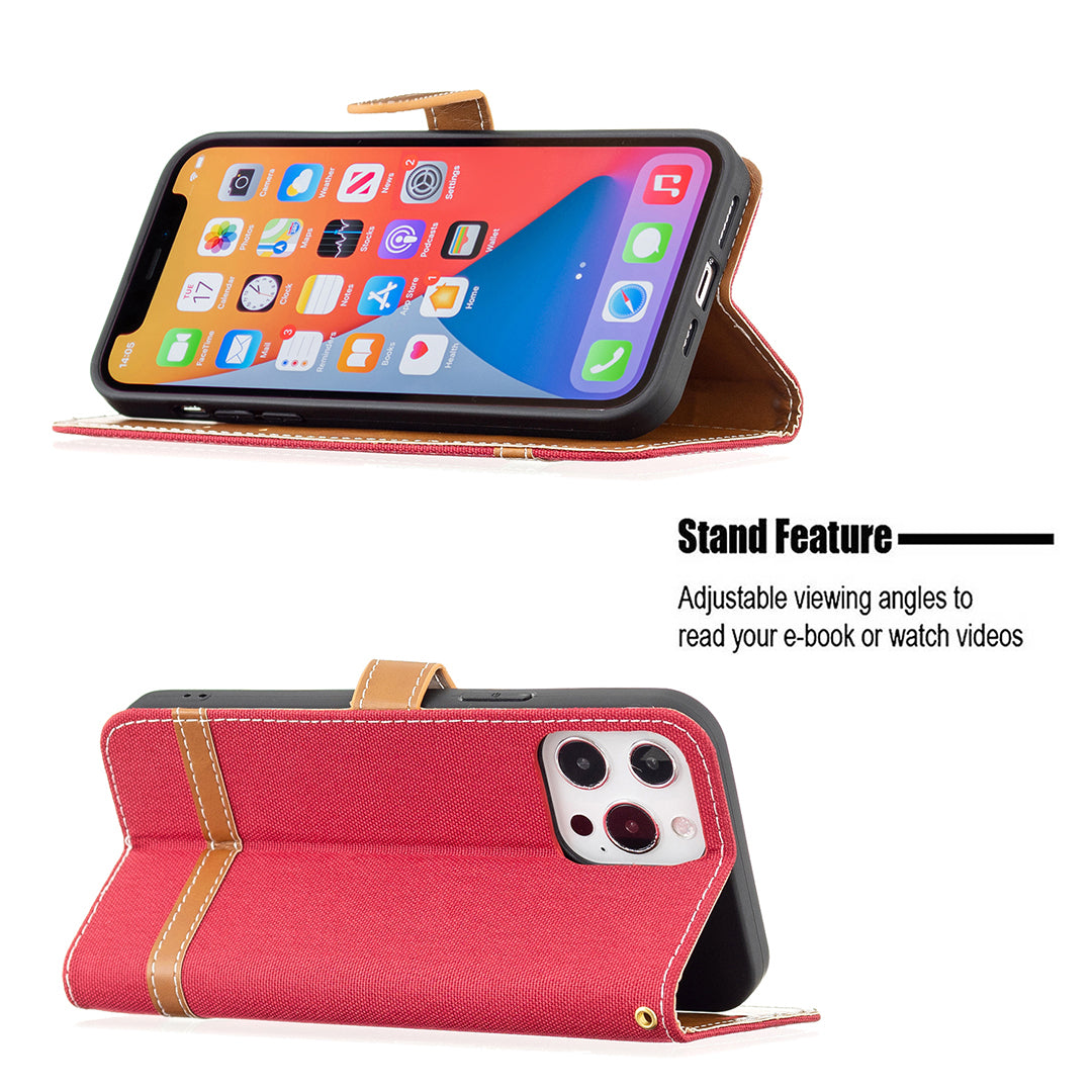 Color Splicing Jeans Cloth Coated PU Leather Phone Case Cover with Wallet Stand for iPhone 13 Pro
