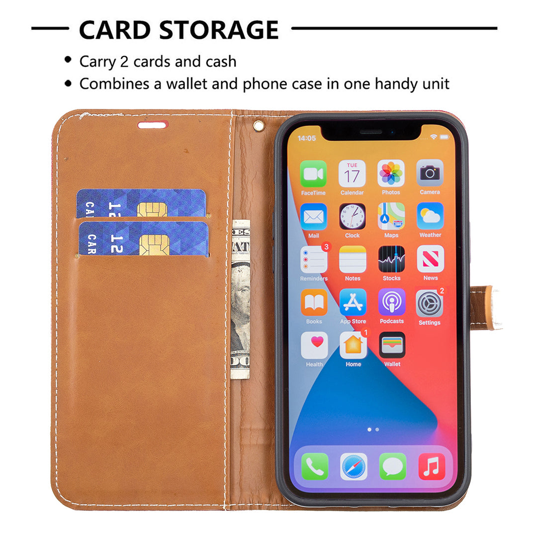 Color Splicing Jeans Cloth Coated PU Leather Phone Case Cover with Wallet Stand for iPhone 13 Pro