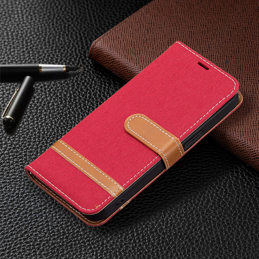 Color Splicing Jeans Cloth Coated PU Leather Phone Case Cover with Wallet Stand for iPhone 13 Pro