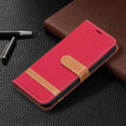 Color Splicing Jeans Cloth Coated PU Leather Phone Case Cover with Wallet Stand for iPhone 13 Pro