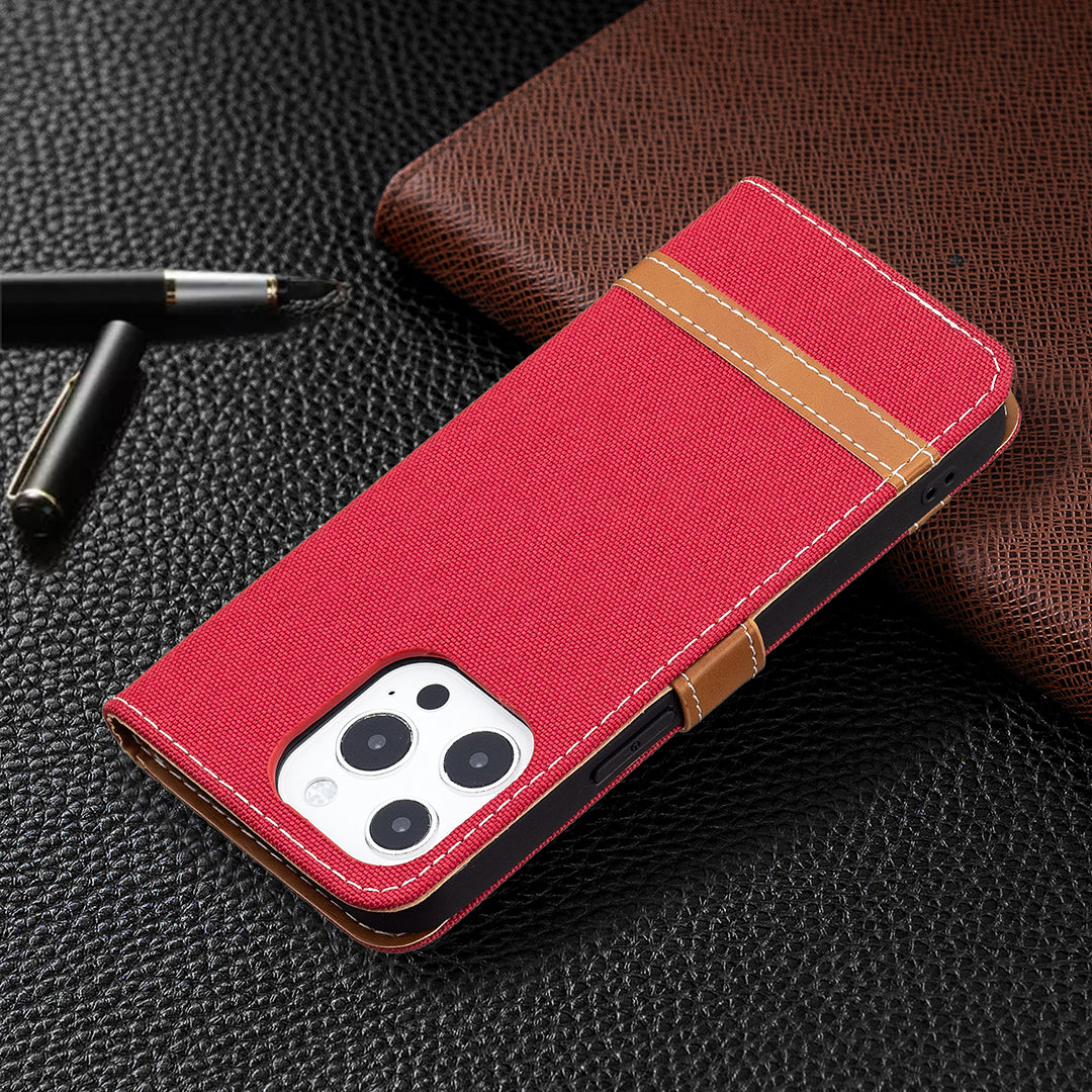 Color Splicing Jeans Cloth Coated PU Leather Phone Case Cover with Wallet Stand for iPhone 13 Pro