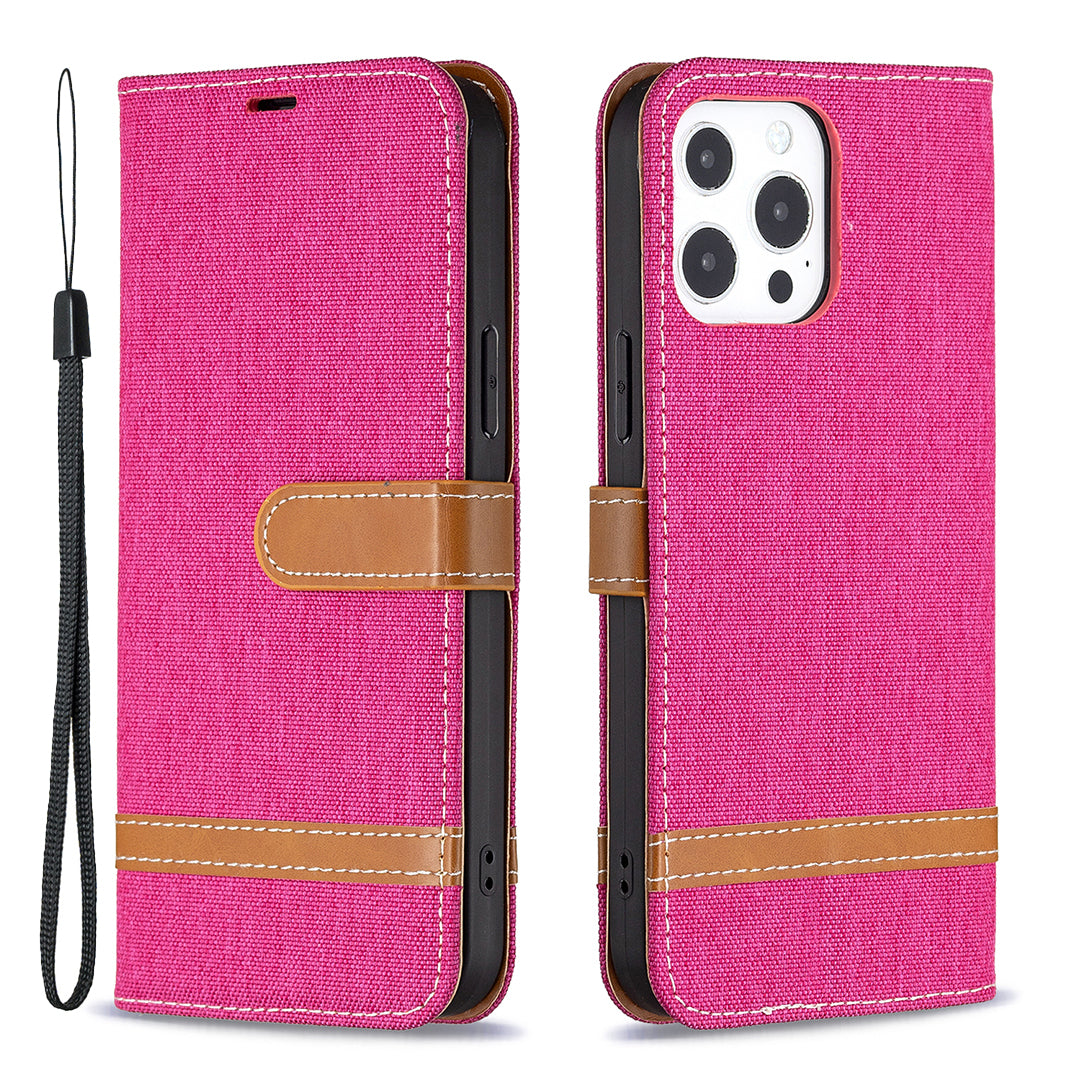 Color Splicing Jeans Cloth Coated PU Leather Phone Case Cover with Wallet Stand for iPhone 13 Pro
