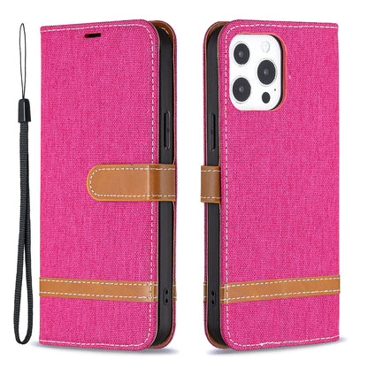 Color Splicing Jeans Cloth Coated PU Leather Phone Case Cover with Wallet Stand for iPhone 13 Pro