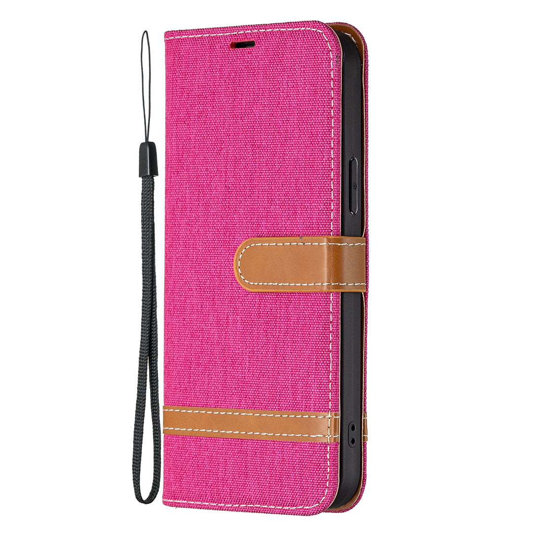 Color Splicing Jeans Cloth Coated PU Leather Phone Case Cover with Wallet Stand for iPhone 13 Pro