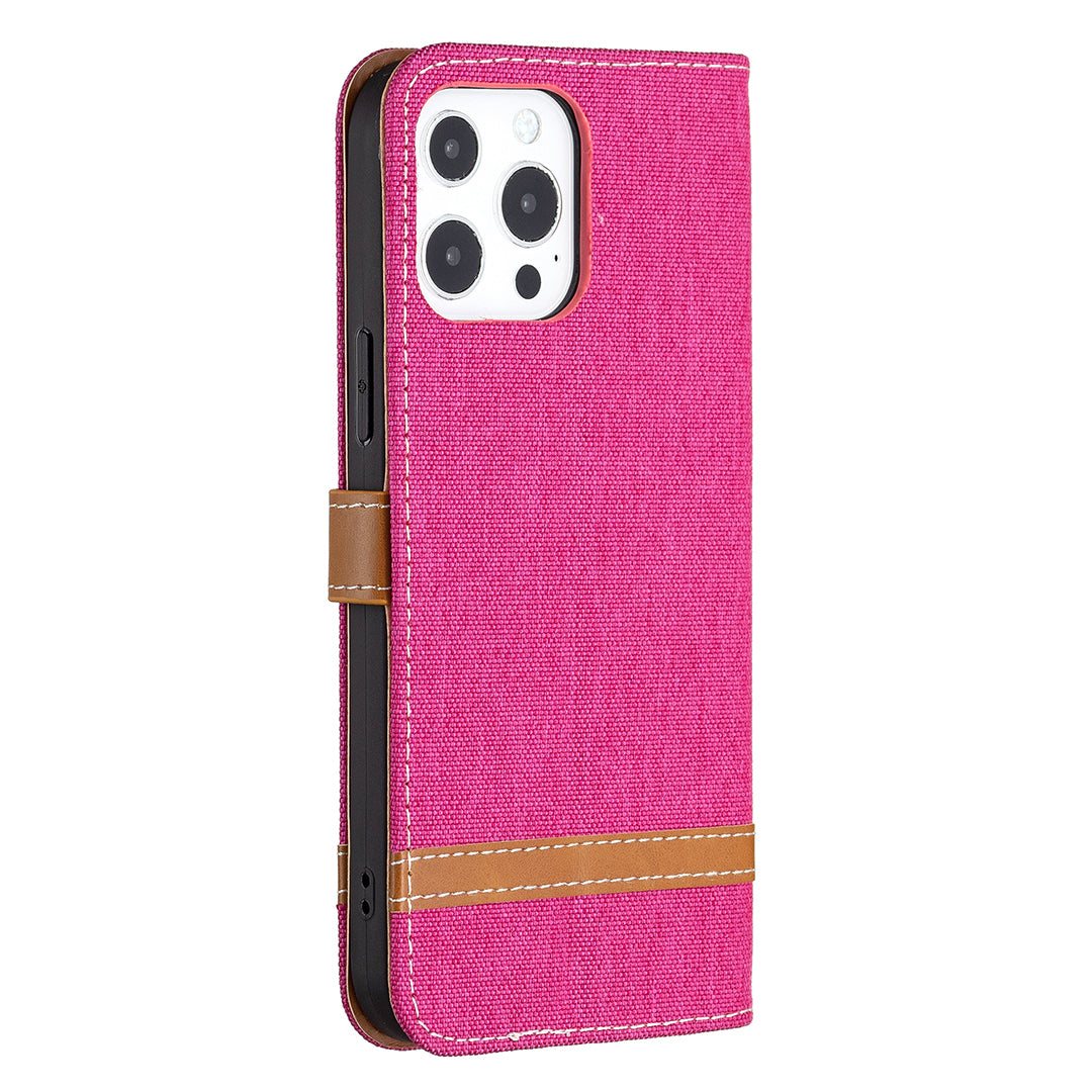 Color Splicing Jeans Cloth Coated PU Leather Phone Case Cover with Wallet Stand for iPhone 13 Pro