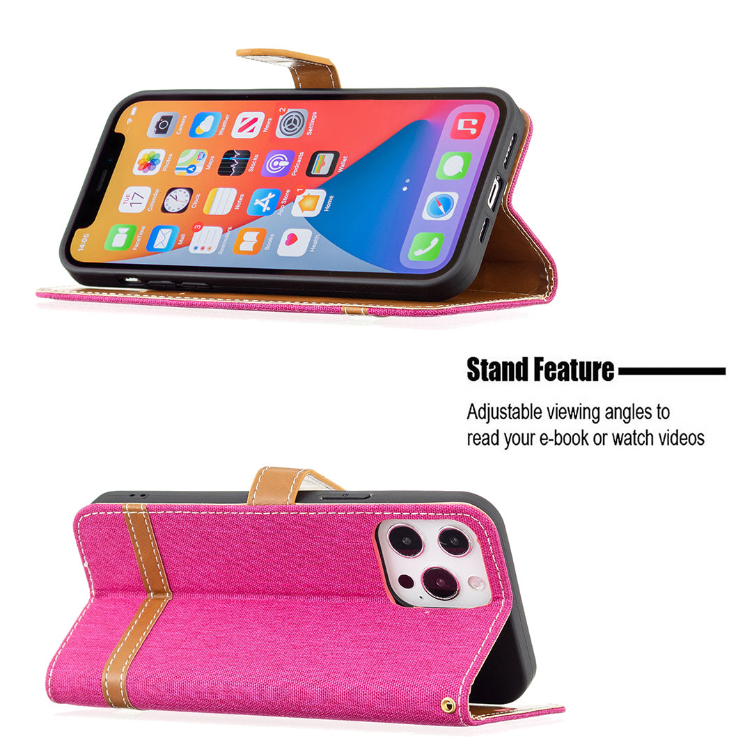 Color Splicing Jeans Cloth Coated PU Leather Phone Case Cover with Wallet Stand for iPhone 13 Pro