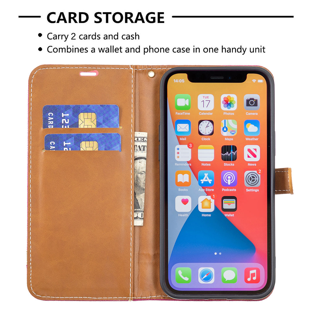 Color Splicing Jeans Cloth Coated PU Leather Phone Case Cover with Wallet Stand for iPhone 13 Pro
