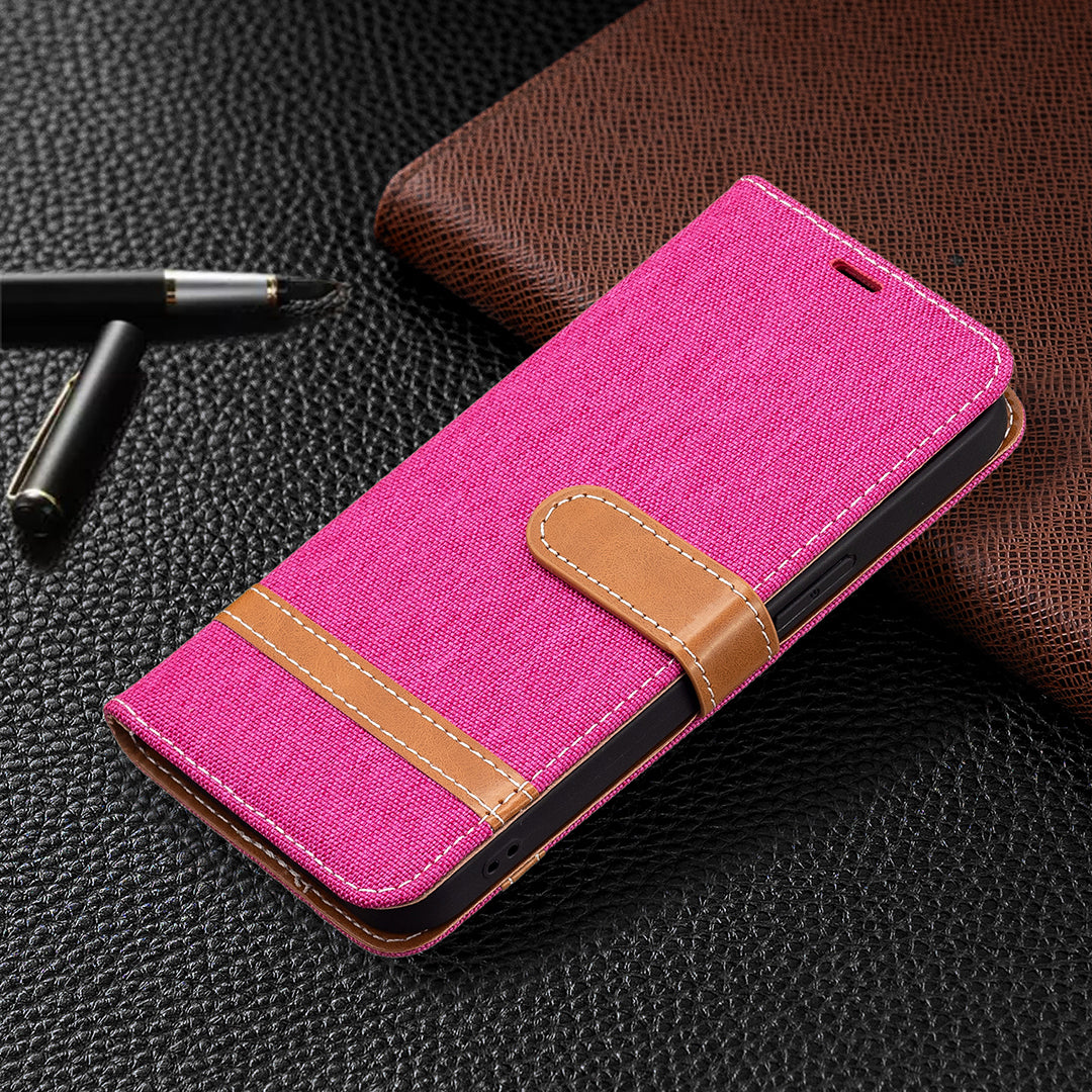 Color Splicing Jeans Cloth Coated PU Leather Phone Case Cover with Wallet Stand for iPhone 13 Pro