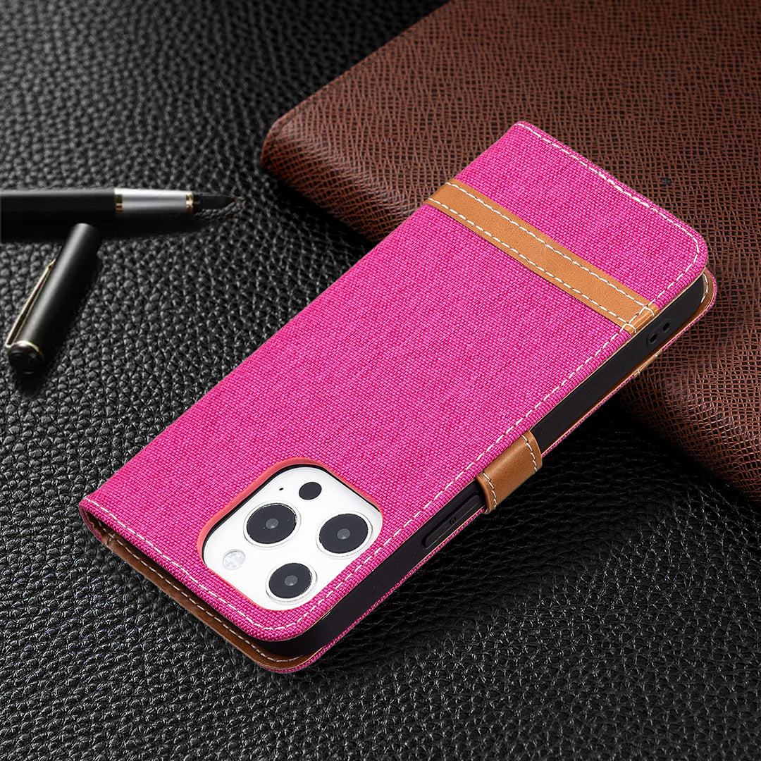 Color Splicing Jeans Cloth Coated PU Leather Phone Case Cover with Wallet Stand for iPhone 13 Pro
