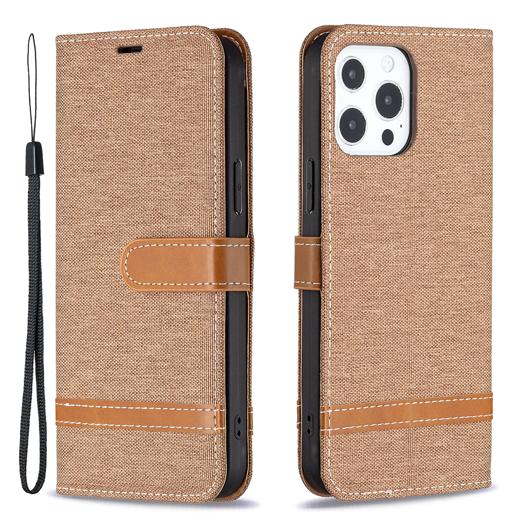 Color Splicing Jeans Cloth Coated PU Leather Phone Case Cover with Wallet Stand for iPhone 13 Pro