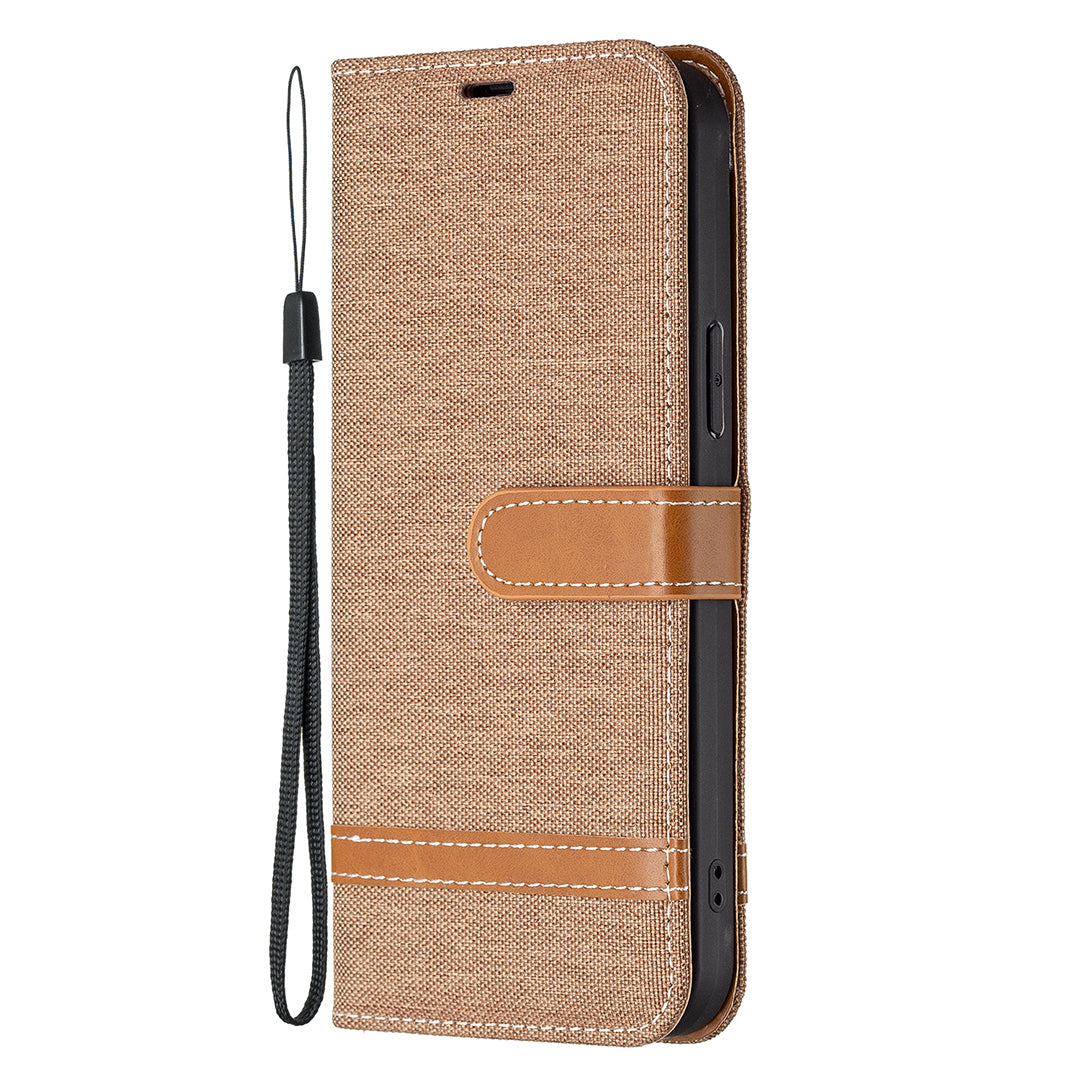 Color Splicing Jeans Cloth Coated PU Leather Phone Case Cover with Wallet Stand for iPhone 13 Pro