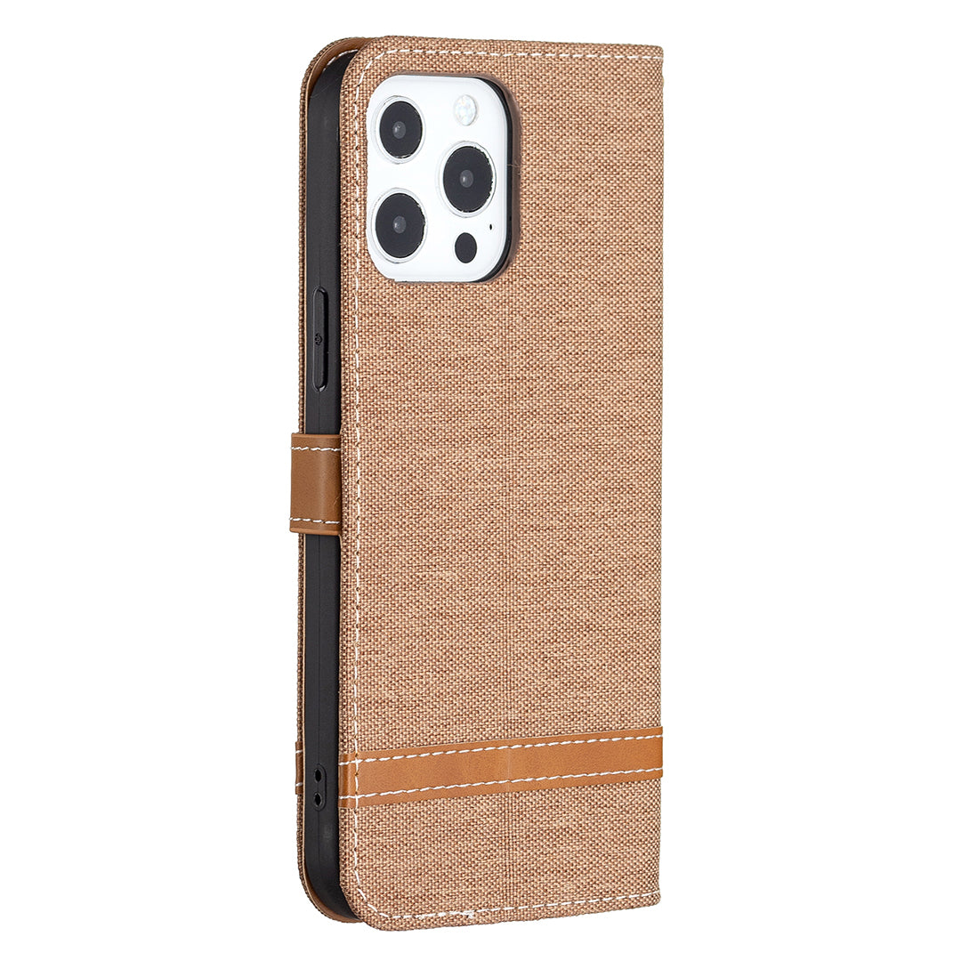Color Splicing Jeans Cloth Coated PU Leather Phone Case Cover with Wallet Stand for iPhone 13 Pro