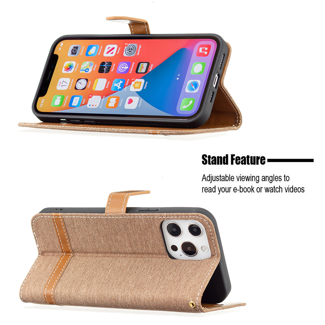 Color Splicing Jeans Cloth Coated PU Leather Phone Case Cover with Wallet Stand for iPhone 13 Pro