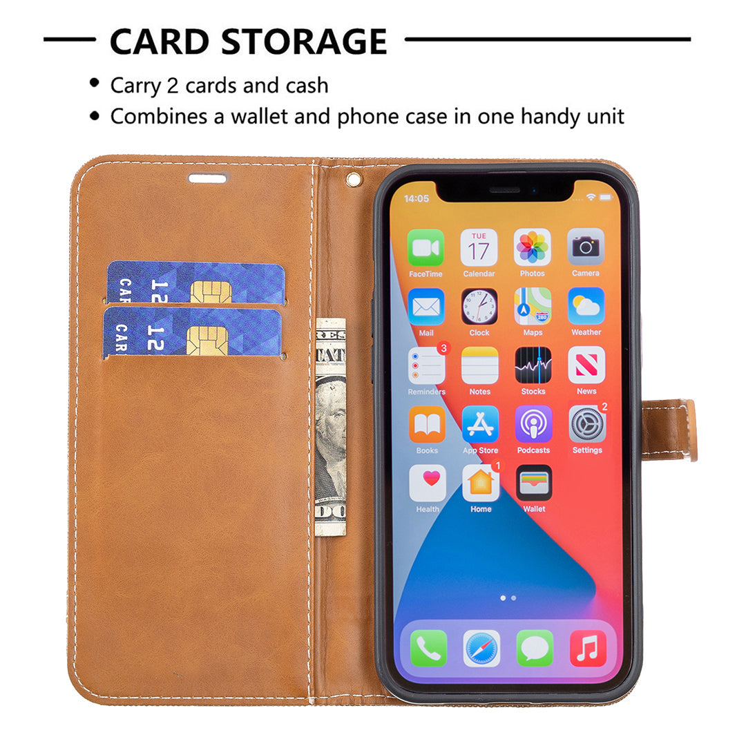 Color Splicing Jeans Cloth Coated PU Leather Phone Case Cover with Wallet Stand for iPhone 13 Pro