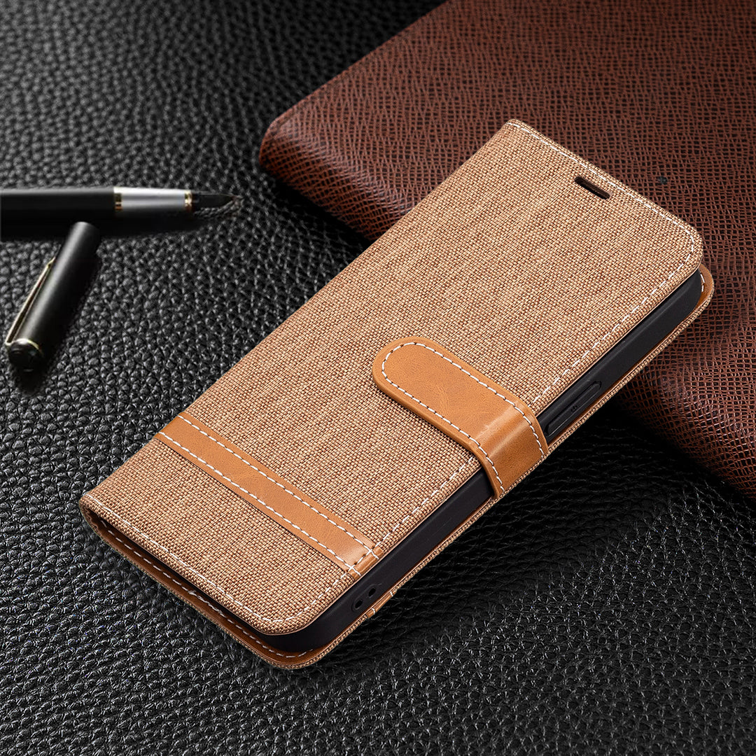 Color Splicing Jeans Cloth Coated PU Leather Phone Case Cover with Wallet Stand for iPhone 13 Pro