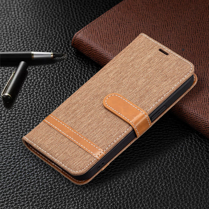 Color Splicing Jeans Cloth Coated PU Leather Phone Case Cover with Wallet Stand for iPhone 13 Pro