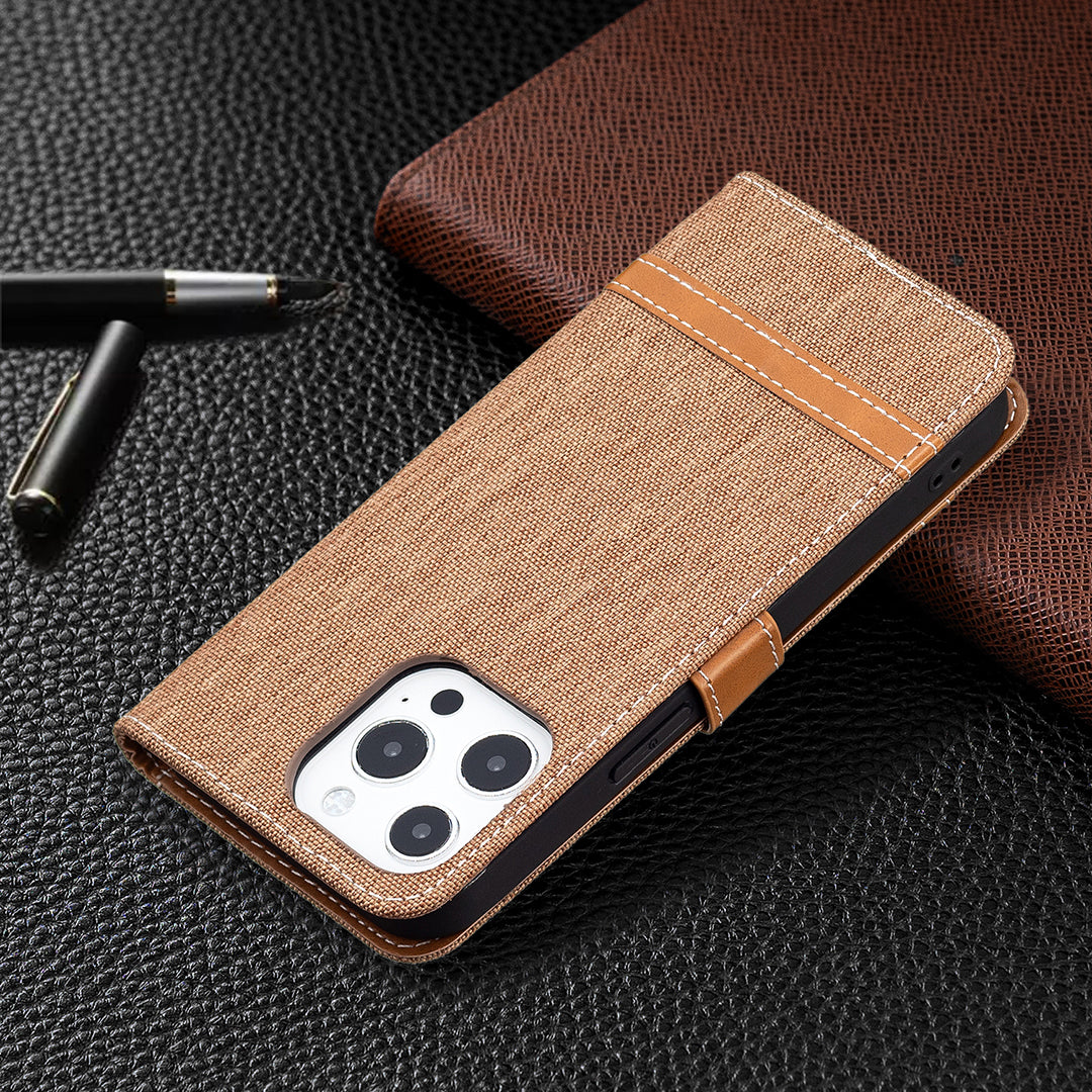Color Splicing Jeans Cloth Coated PU Leather Phone Case Cover with Wallet Stand for iPhone 13 Pro