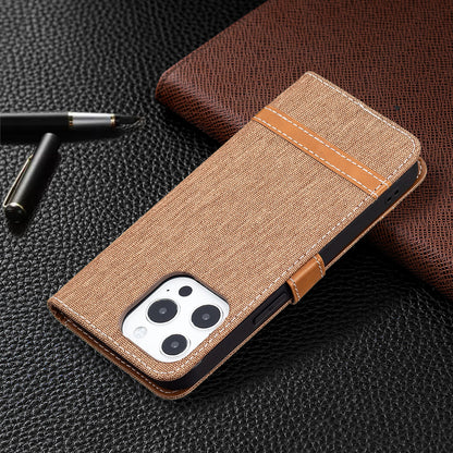 Color Splicing Jeans Cloth Coated PU Leather Phone Case Cover with Wallet Stand for iPhone 13 Pro