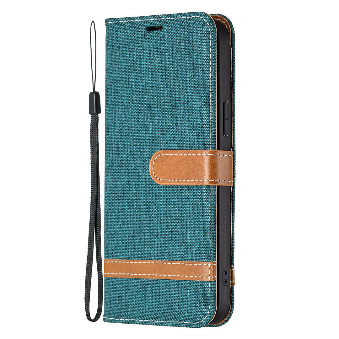 Color Splicing Jeans Cloth Coated PU Leather Phone Case Cover with Wallet Stand for iPhone 13 Pro