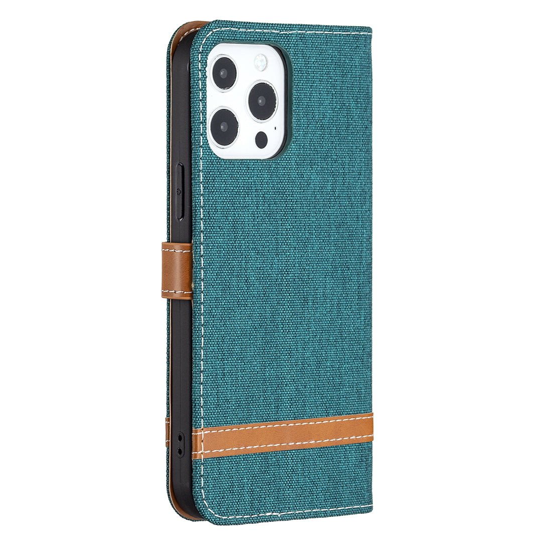 Color Splicing Jeans Cloth Coated PU Leather Phone Case Cover with Wallet Stand for iPhone 13 Pro