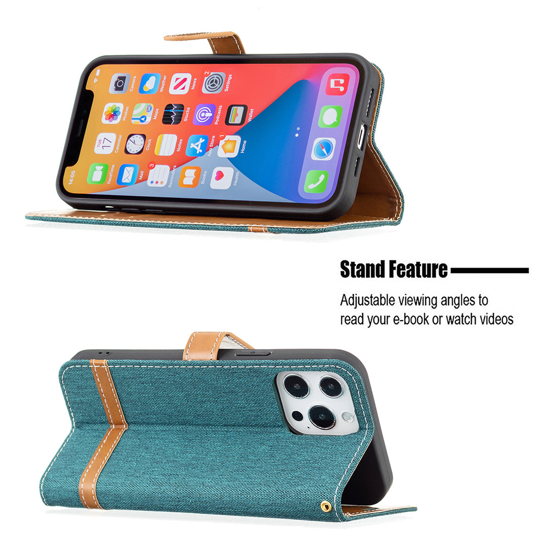 Color Splicing Jeans Cloth Coated PU Leather Phone Case Cover with Wallet Stand for iPhone 13 Pro