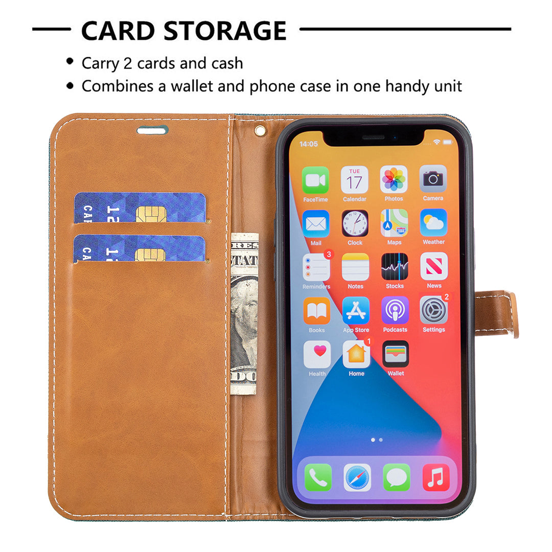 Color Splicing Jeans Cloth Coated PU Leather Phone Case Cover with Wallet Stand for iPhone 13 Pro
