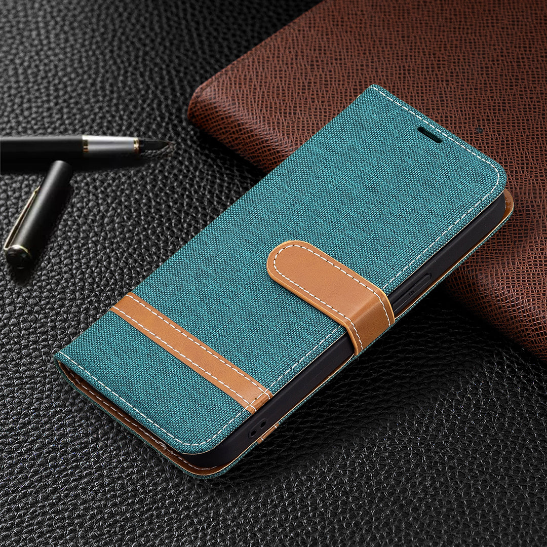 Color Splicing Jeans Cloth Coated PU Leather Phone Case Cover with Wallet Stand for iPhone 13 Pro