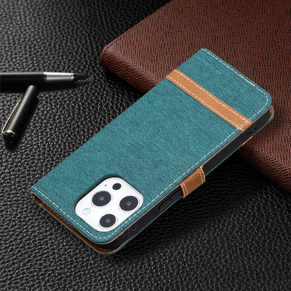 Color Splicing Jeans Cloth Coated PU Leather Phone Case Cover with Wallet Stand for iPhone 13 Pro