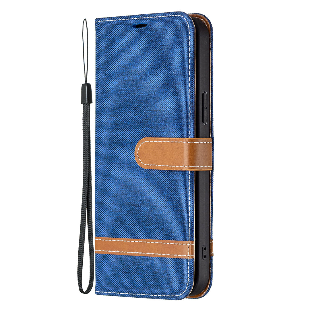 Color Splicing Jeans Cloth Coated PU Leather Phone Case Cover with Wallet Stand for iPhone 13 Pro