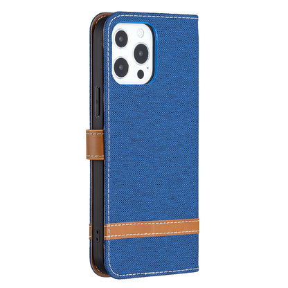 Color Splicing Jeans Cloth Coated PU Leather Phone Case Cover with Wallet Stand for iPhone 13 Pro
