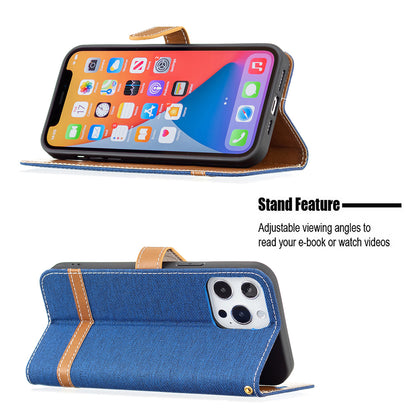 Color Splicing Jeans Cloth Coated PU Leather Phone Case Cover with Wallet Stand for iPhone 13 Pro