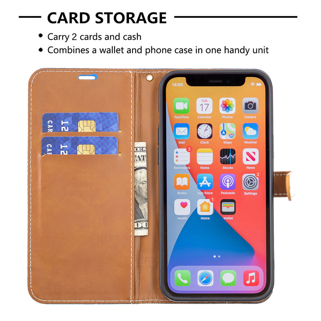 Color Splicing Jeans Cloth Coated PU Leather Phone Case Cover with Wallet Stand for iPhone 13 Pro
