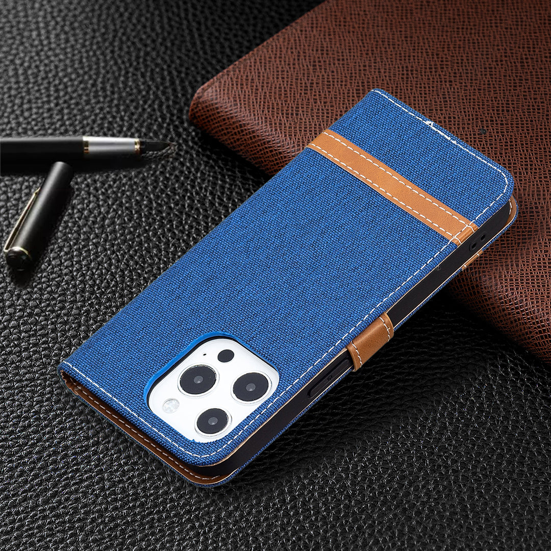 Color Splicing Jeans Cloth Coated PU Leather Phone Case Cover with Wallet Stand for iPhone 13 Pro