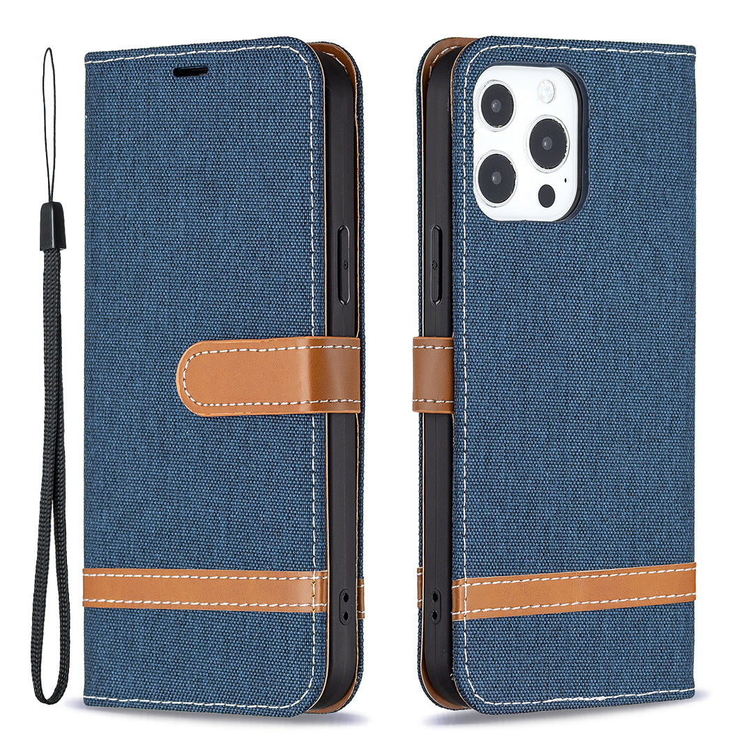Color Splicing Jeans Cloth Coated PU Leather Phone Case Cover with Wallet Stand for iPhone 13 Pro