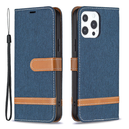 Color Splicing Jeans Cloth Coated PU Leather Phone Case Cover with Wallet Stand for iPhone 13 Pro
