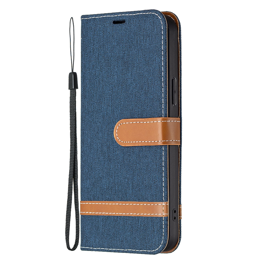 Color Splicing Jeans Cloth Coated PU Leather Phone Case Cover with Wallet Stand for iPhone 13 Pro
