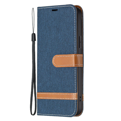 Color Splicing Jeans Cloth Coated PU Leather Phone Case Cover with Wallet Stand for iPhone 13 Pro