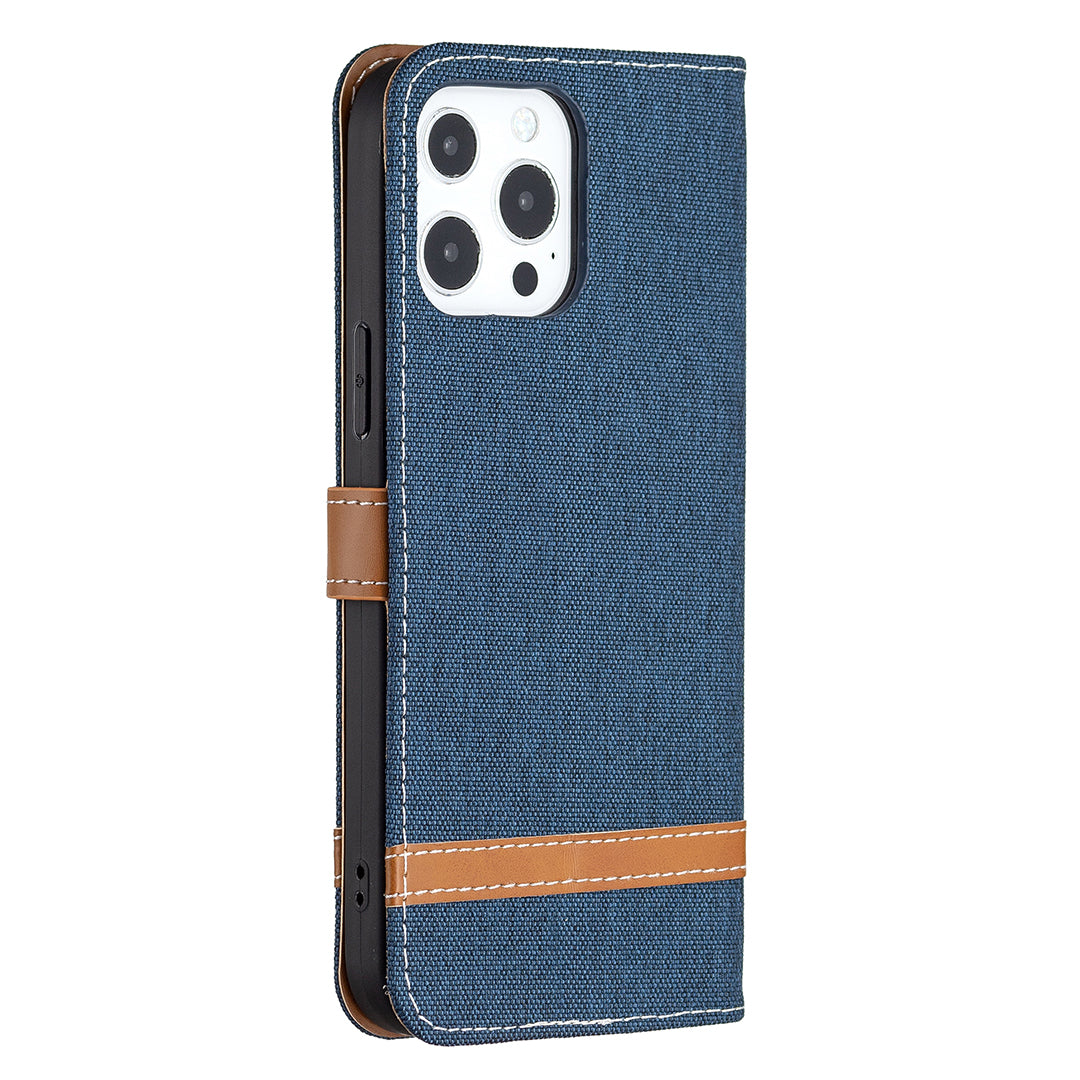 Color Splicing Jeans Cloth Coated PU Leather Phone Case Cover with Wallet Stand for iPhone 13 Pro