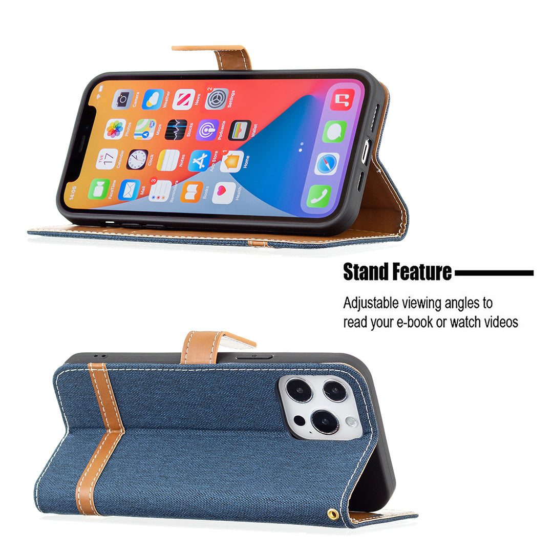 Color Splicing Jeans Cloth Coated PU Leather Phone Case Cover with Wallet Stand for iPhone 13 Pro