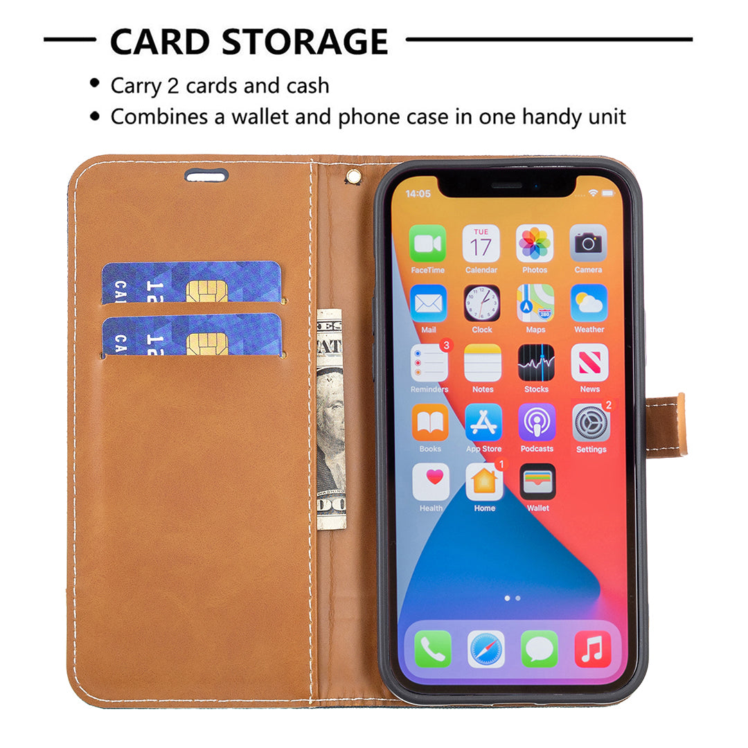 Color Splicing Jeans Cloth Coated PU Leather Phone Case Cover with Wallet Stand for iPhone 13 Pro