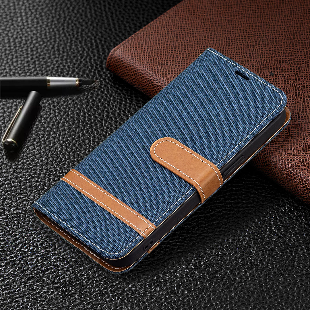Color Splicing Jeans Cloth Coated PU Leather Phone Case Cover with Wallet Stand for iPhone 13 Pro