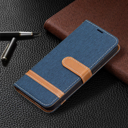 Color Splicing Jeans Cloth Coated PU Leather Phone Case Cover with Wallet Stand for iPhone 13 Pro