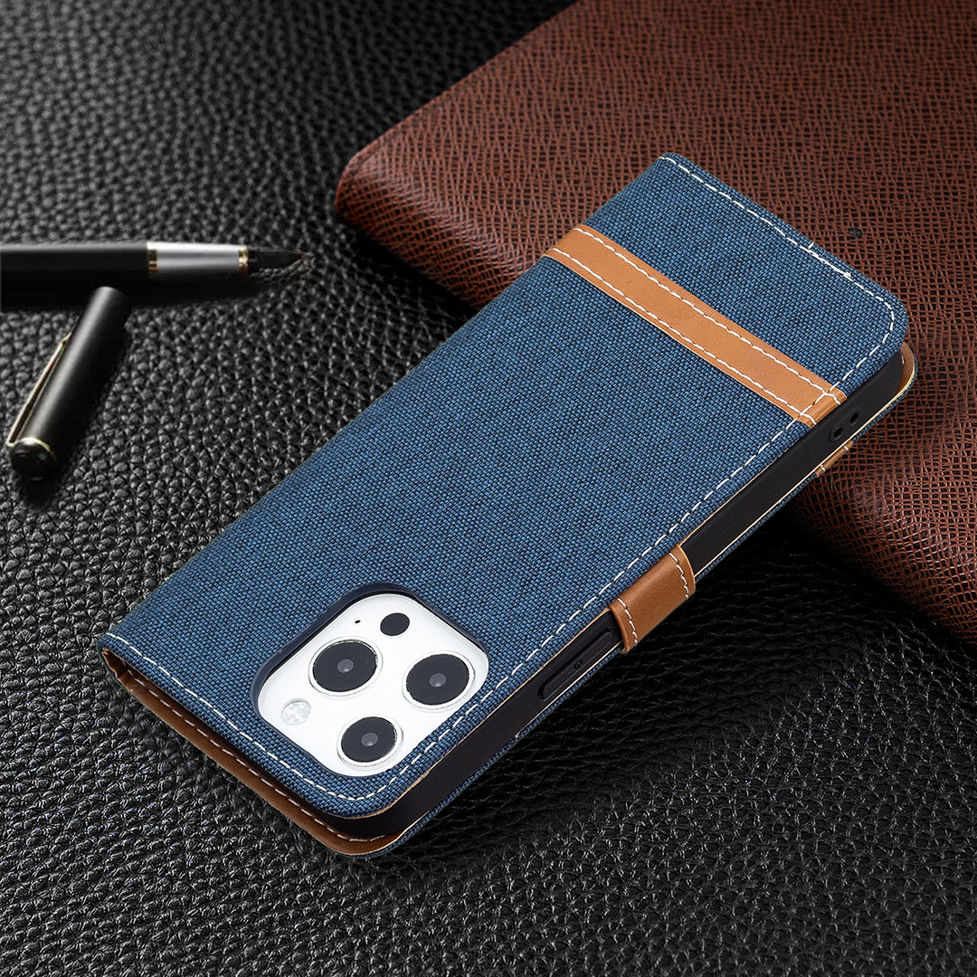 Color Splicing Jeans Cloth Coated PU Leather Phone Case Cover with Wallet Stand for iPhone 13 Pro