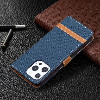 Color Splicing Jeans Cloth Coated PU Leather Phone Case Cover with Wallet Stand for iPhone 13 Pro