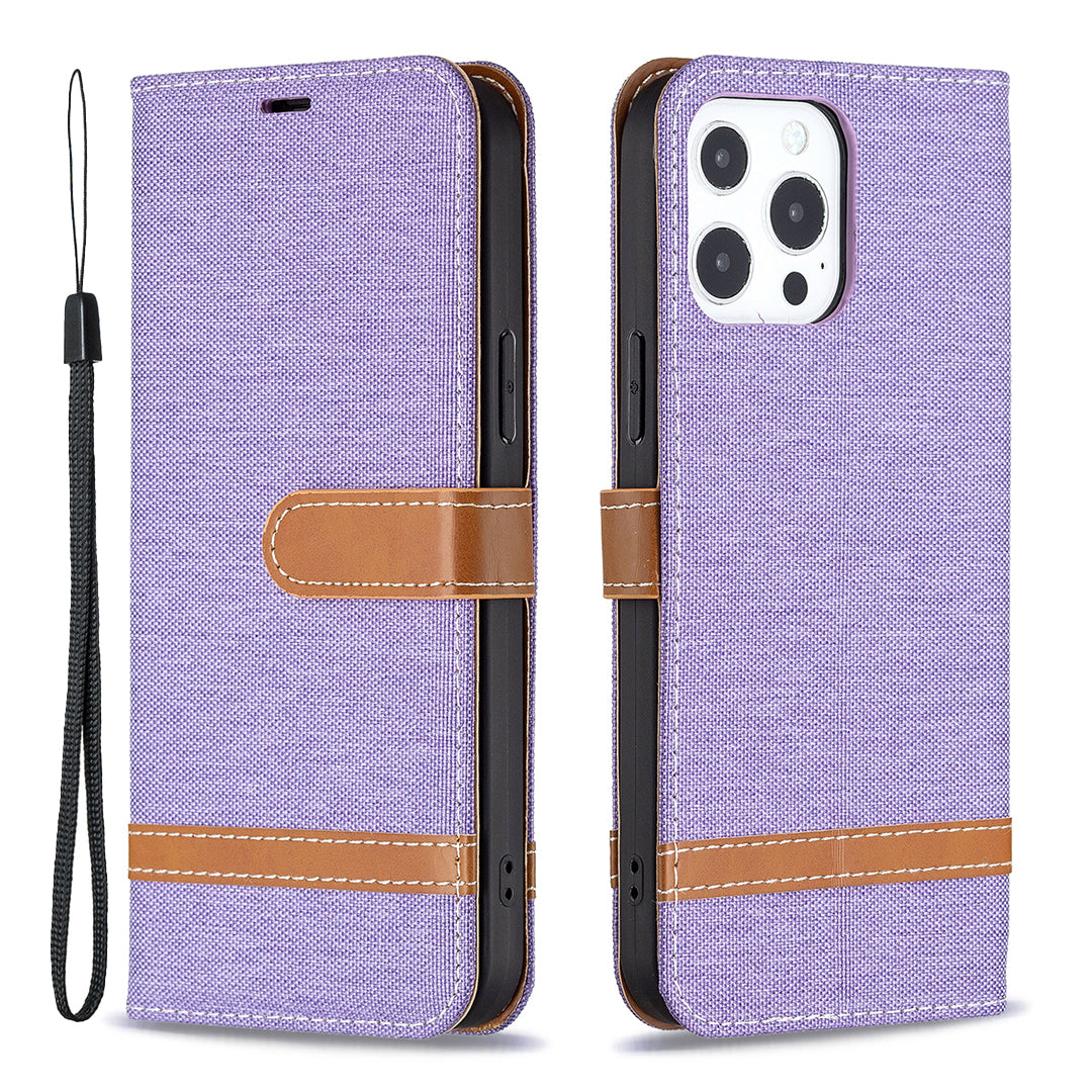 Color Splicing Jeans Cloth Coated PU Leather Phone Case Cover with Wallet Stand for iPhone 13 Pro