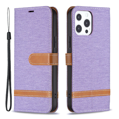 Color Splicing Jeans Cloth Coated PU Leather Phone Case Cover with Wallet Stand for iPhone 13 Pro