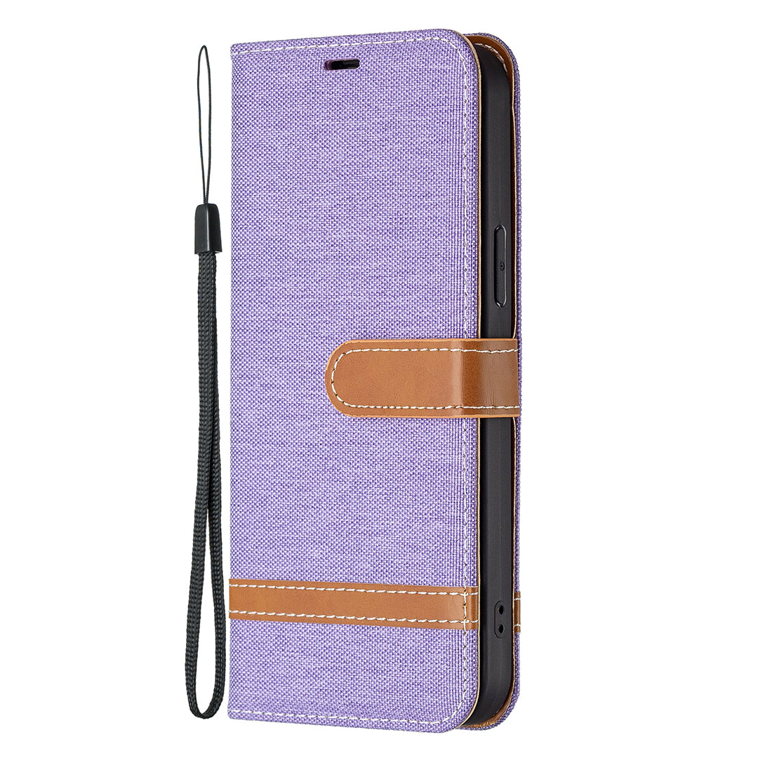 Color Splicing Jeans Cloth Coated PU Leather Phone Case Cover with Wallet Stand for iPhone 13 Pro