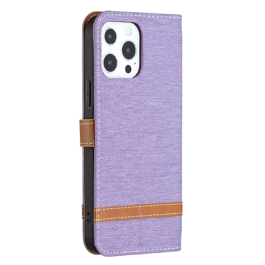 Color Splicing Jeans Cloth Coated PU Leather Phone Case Cover with Wallet Stand for iPhone 13 Pro
