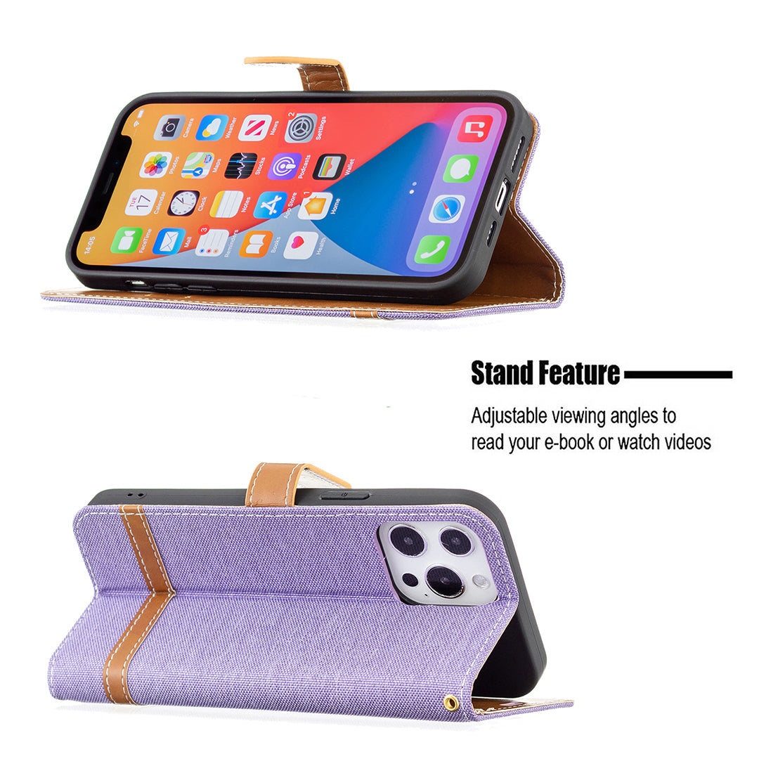 Color Splicing Jeans Cloth Coated PU Leather Phone Case Cover with Wallet Stand for iPhone 13 Pro